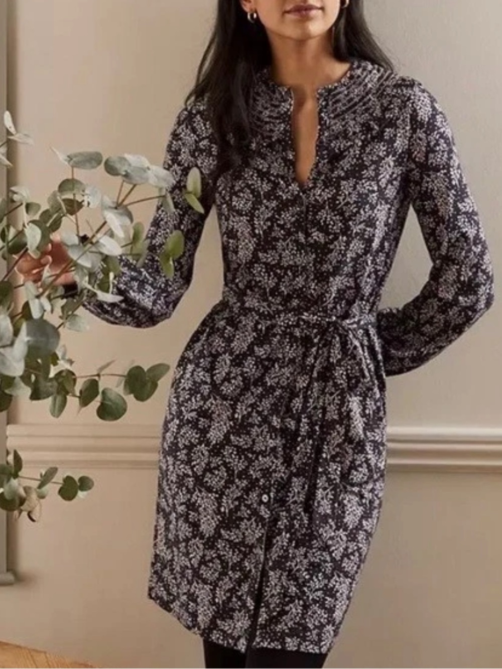 Boden Smocked Detail Jersey Dress "Milkshake Leafy Sprig" Print Size 12P